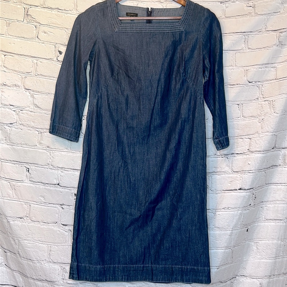 Talbots Square Neck Long Sleeve Denim Dress Size 2 Excellent Condition